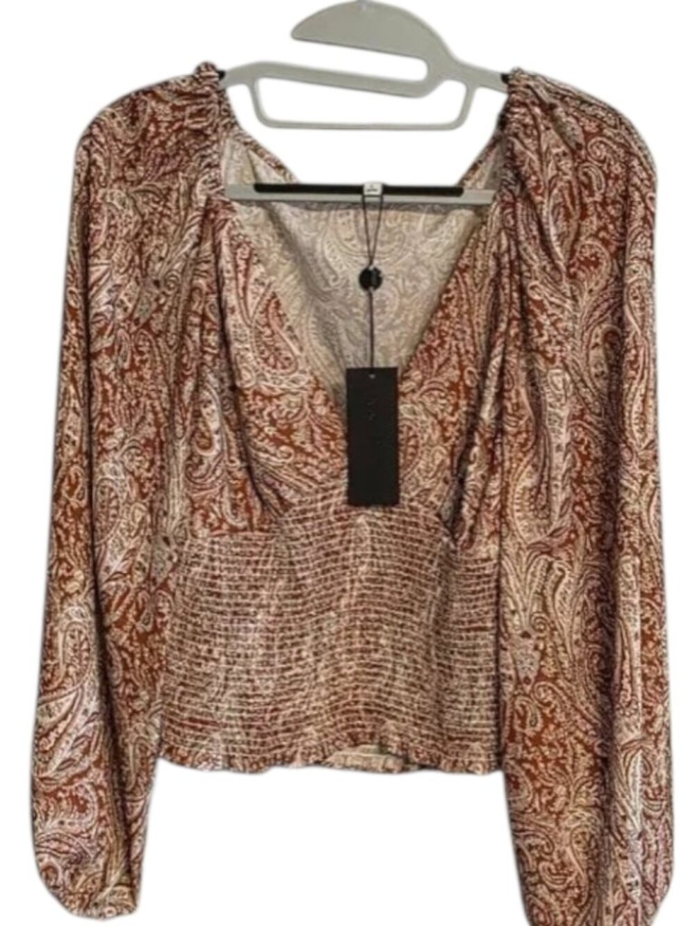 Gianni Bini Crop Top Blouse Ruched Paisley Boho Cottage Festival Shirt Sz L
